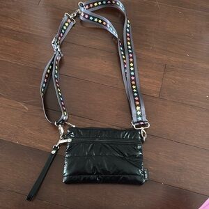 Girls top trenz messenger bag in black with rainbow stars